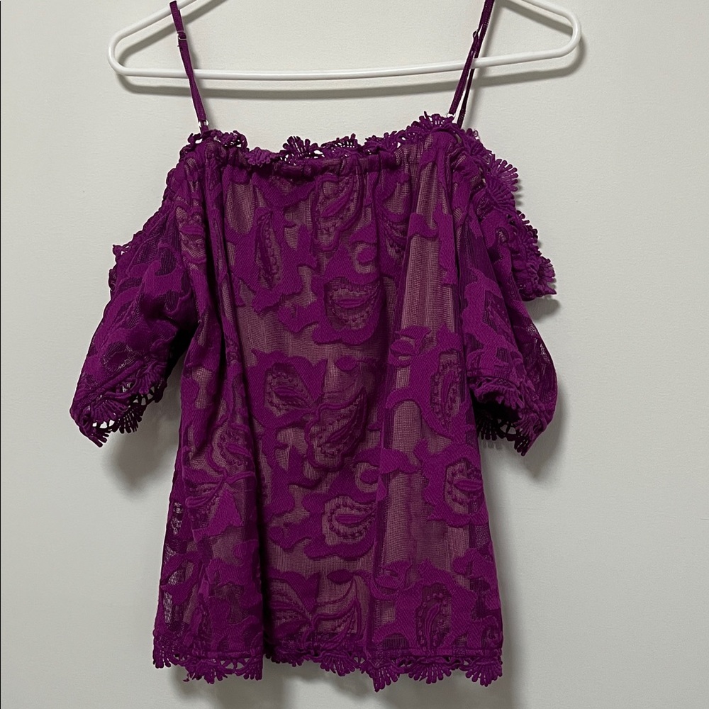Skies Are Blue Purple Lace Off-Shoulder Blouse